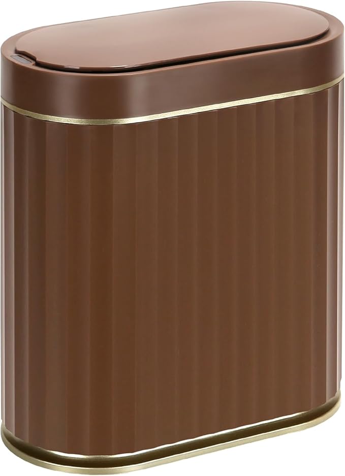 ELPHECO Bathroom Motion Sensor Trash can 2 Gallon Automatic Garbage Can, Slim Plastic Smart Trash Can with Lid, Commercial Intelligent Trash Bin for Bedroom, Bathroom, Office, Brown