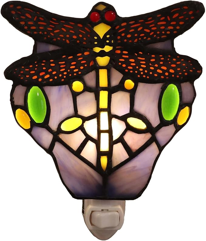 Bieye L10931 Tiffany Style Stained Glass Dragonfly Wall Lamp with Plug-in Night Light Socket for Home Decor (Blue)
