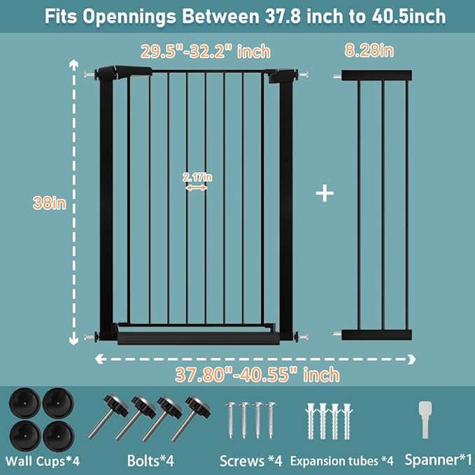 38.5" Extra Tall Pet Gate Pressure Mounted - 37.80"-40.55" Wide Walk Through Baby Gates with Door for The House Stairs Doorway - Puppy Doggy Dog Gates Fence Child Safety Gate