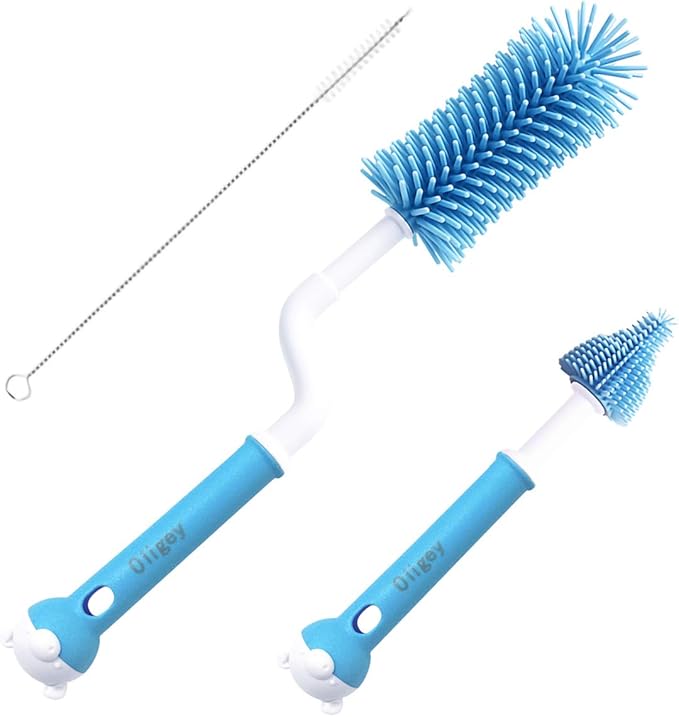 Silicone Baby Bottle Brush Set Cleans Deep Container Nipple or Straw with Rotation Long Handle,3 in 1 Rubber Cleaning Kits Wash Infant Pacifier Teat Nozzle or Breast Pump by Spinning Handhold