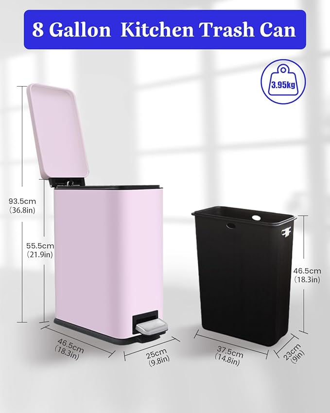 8 Gallon Step Trash Can with Soft Close Lid, 30L Stainless Steel Garbage Can, Fingerprint Resistant with Removal Inner Bucket, Pink Trash Can for Home, Kitchen, Laundry Room, Office, Bathroom