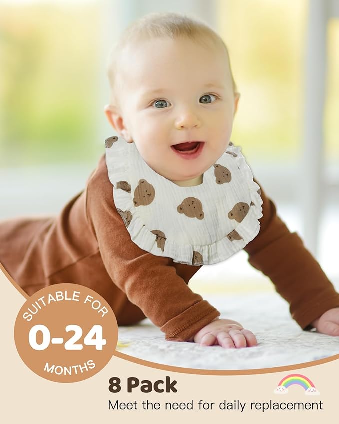Lictin 8-Pack Muslin Baby Bibs - Bandana Drooling and Teething Bibs, Unisex Cotton