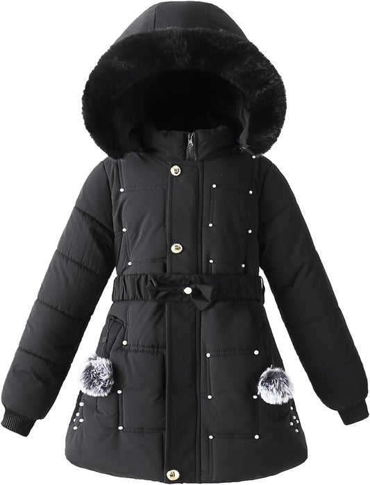 Girls Winter Dress Coats Faux Fur Hooded Fleece Jackets Waterproof Parka Outwear