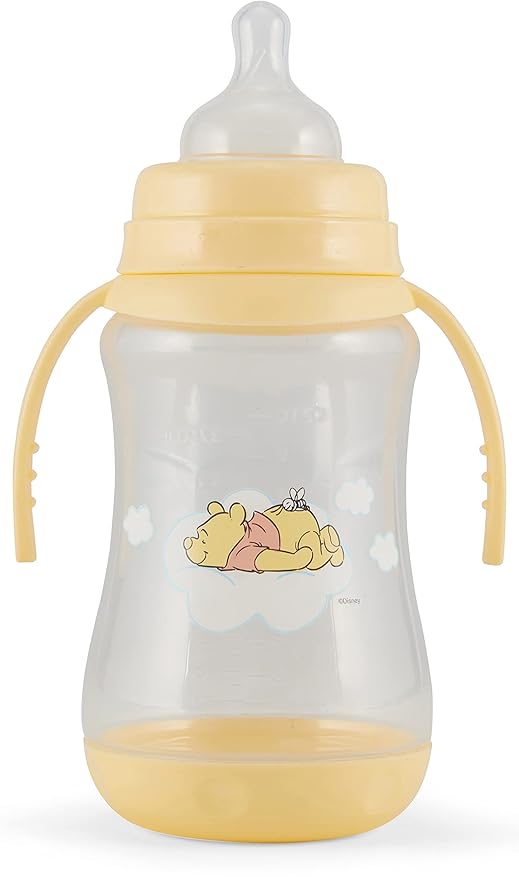 Disney 2 Pack 10 Ounce Baby Bottles with Character Prints and Colored Covers with Double Handle - BPA Free and Easy to Clean