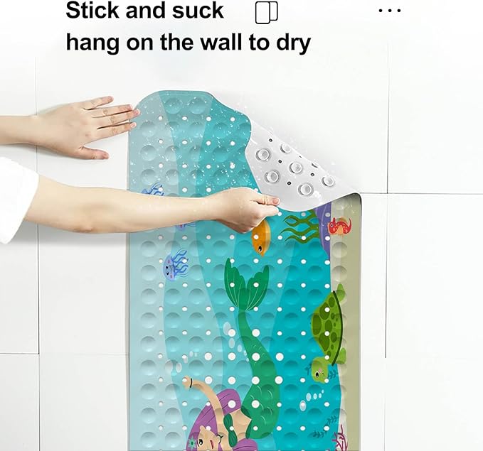 LNOND Bath Mat for Tub for Kids, Ocean Mermaid Bathtub Mat, Kids Bath Mats for Bathroom Non Slip with Drain Holes and Suction Cups,Machine Washable (40 X 16 Inch)
