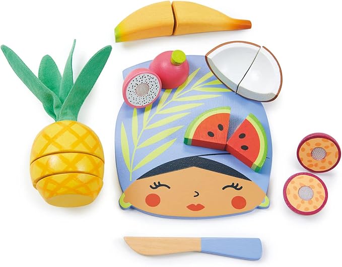 Tender Leaf Toys - Tropical Fruit Chopping Board - Wooden Play Food Set with 6 Choppable Fruits, Wood Knife and Illustrated Board - Improves Fine Motor Skills - Age 2+