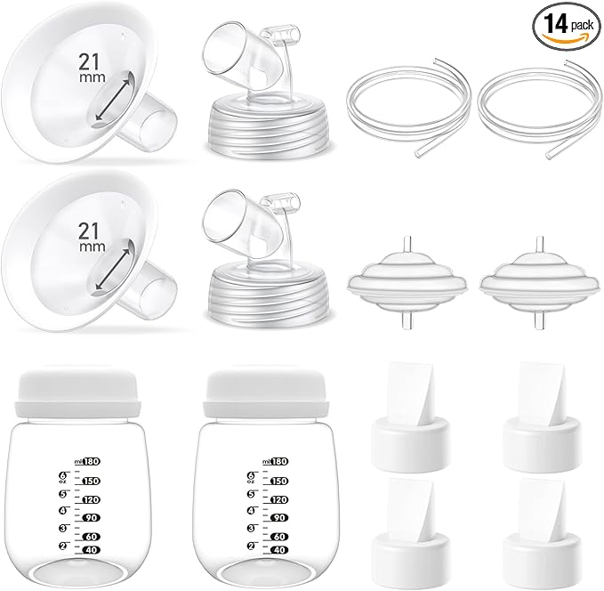 Full Breast Pump Parts with 21mm Oval Soft Rim Flanges and Wide-Mouth Base Connector for Spectra S2 S1 9 Plus SG, Medela, Lansinoh Pumps, Include Flange, Valve, Backflow Protector, Tubing and Bottle