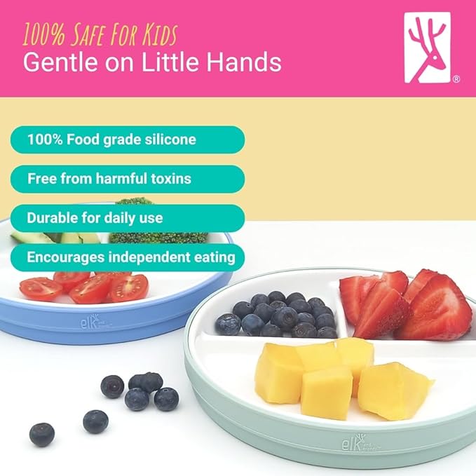 Elk and Friends Kids 7.8” Porcelain White Plates with Silicone Sleeves | Divided Plates | Suitable for Kids/Toddlers | Microwave & Dishwasher Safe | Non Slip | Snack Dishes