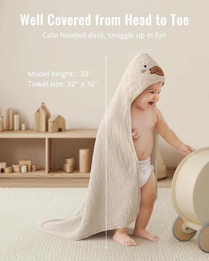 Blissful Diary Muslin Baby Hooded Towel 1 Pack, Soft & Absorbent Bath Towel for Infant, Toddler, Unisex, Baby Gift, Newborn Essentials, Dapper Duck