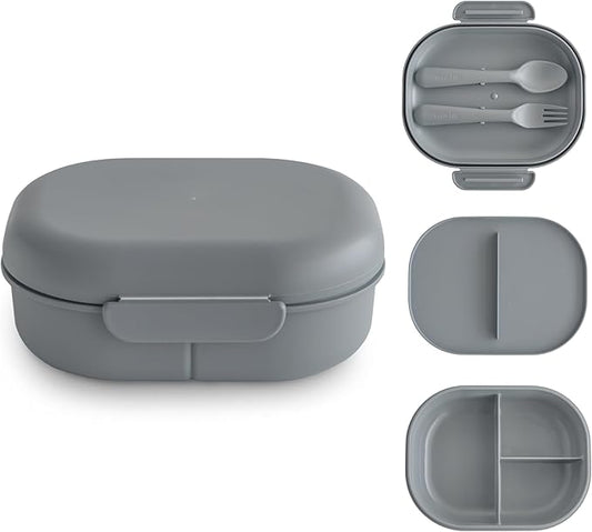 mushie Kids Bento Lunch Box | 3-Compartment & Removable Divider + Fork & Spoon Utensils | Great For Meals, School, Snacks On-the-Go | Dishwasher Safe (Smoke)