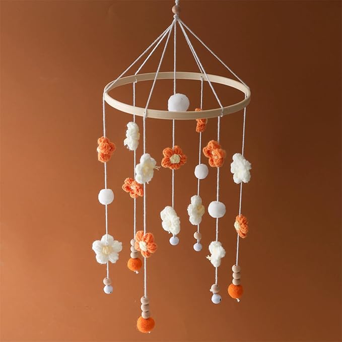 Baby Mobile for Crib - Modern Baby Mobile - Nursery Mobile for Girl or Boy - Hand-Crocheted Colourful Little Flower - Baby Crib Mobile for Boys Girls (C)