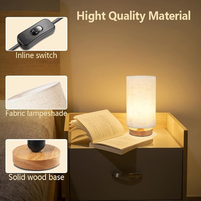 3-Color Adjustable Bedside Table Lamp for Bedroom,Minimalist Wood Base&Round Fabric Shade,Cozy Lighting Nightstand Boho Lamp,Study Reading Desk Night Stand Light for Living Room,Office,kitchen,Nursery