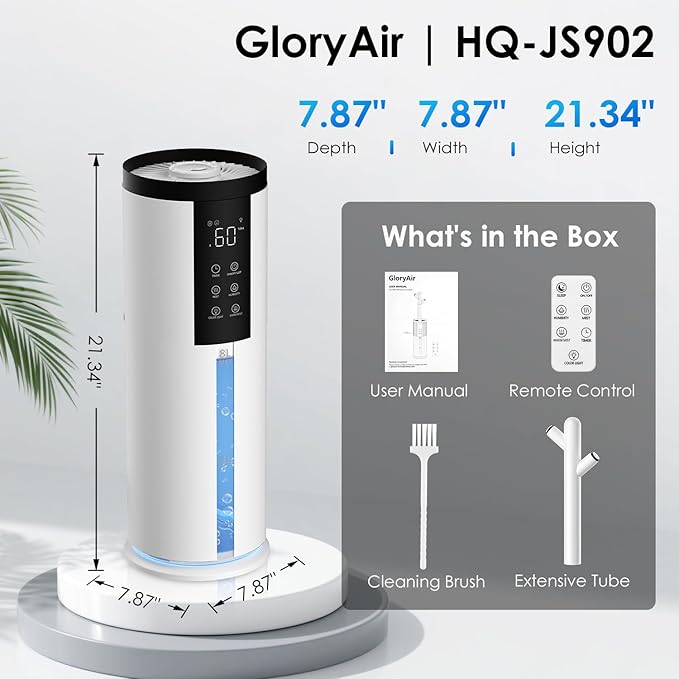 Humidifiers for Bedroom - GloryAir 2.11Gal (8L) Quiet Top Fill Cool & Warm Mist Humidifier Large Room 650 ft² with Humidistat, diffuser, Auto Mode, 7-Color Light for Plants, Baby,Adults, Office & Home