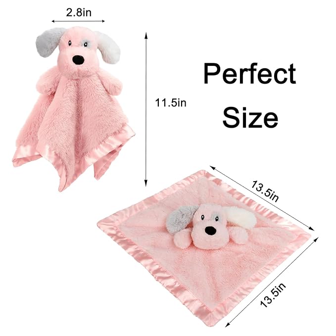 Puppy Baby Security Blanket for Toddler Infant Newborn Boys and Girls Soft Lovey Stuffed Animal with Plush Fabric and Satin Backing, Lovely Snuggle Toy, Pink 13.5 Inch