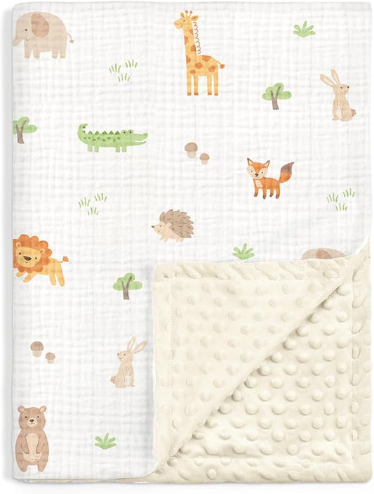 Animal Baby Blankets for Boys Girls, Soft Nursery Minky Blankets with Muslin and Dotted Fleece Back 30x40 inches, Receiving Bed Quilt for Newborn, Infants, Toddlers