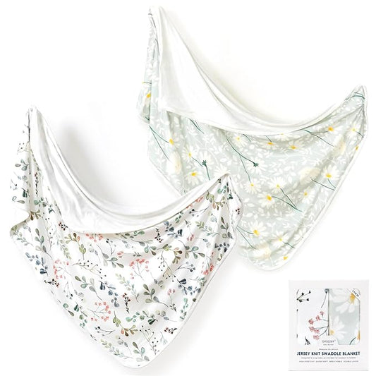 GRSSDER Baby Blankets 2 Pack Super Soft Jersey Knit Swaddle Blankets for Baby Girls and Boys, Double Layer Receiving Blankets 34 x 44 Extra Large for Swaddling, Leaves & Daisy