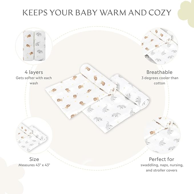 Muslin Baby Swaddle - Breathable Receiving Blankets for Newborn Baby, 70% Viscose derived from Bamboo, 30% Spandex, Imported