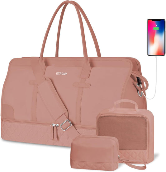 ETRONIK Weekender Overnight Bag for Women, Large Travel Duffle Bag with Shoe Compartment & Wet Pocket, Carry On Tote Bag Gym Duffel Bag with Toiletry Bag, 3 Pcs Set, Large Size, Brown Orange