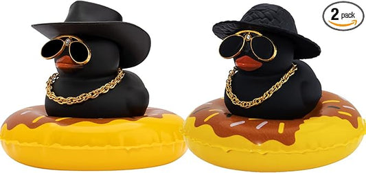 wonuu 2Pcs Car Dashboard Decorations Color Ducks, Rubber Duck for Car Ornament Accessories with Mini Hat Sunglasses Necklace and Swim Ring, A_Black Duck+Black Cowboy&Black Sun Hat