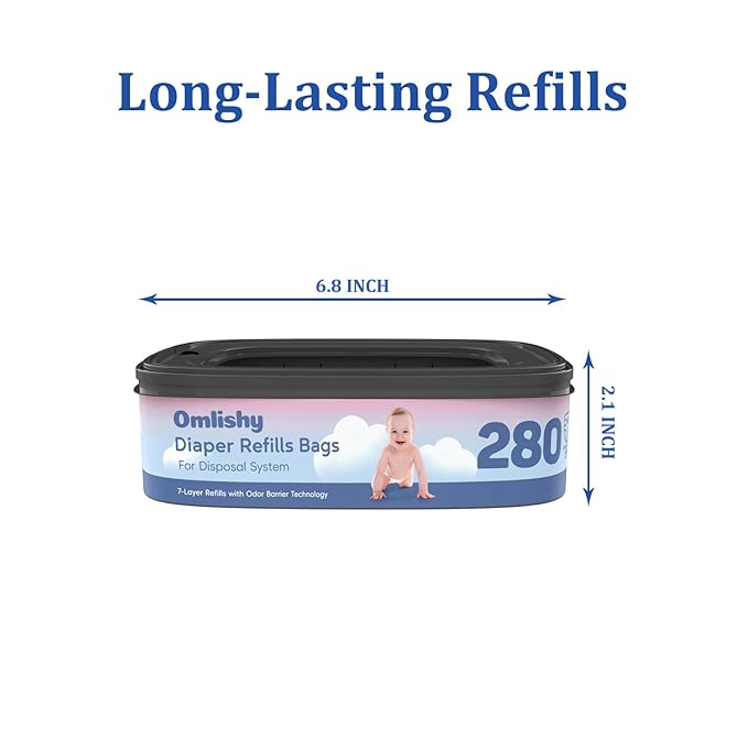 6 Pack Standard Square Bags Refill Compatible with Diaper Genie Compact, Select and Classic Pails, Max Odor Control, Disposal Bag Refills with Continuous Film, Hold Up to 280 Newborn-Sized Diapers