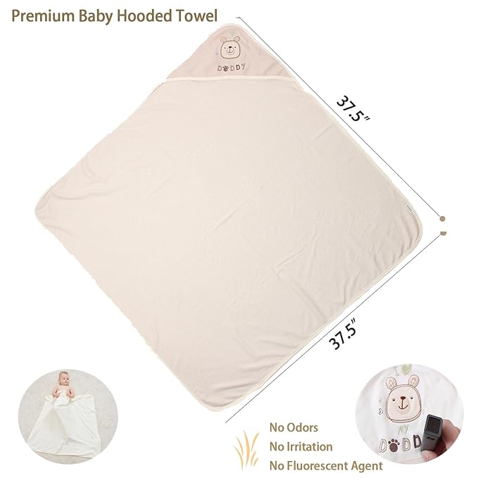 6-Pack Organic Cotton Baby Hooded Towel & Washcloths Set - Ultra Soft, Reusable, Baby Bath Towel for Newborns, Infants & Toddlers, Unisex Gifts, Brown 37.5 x 37.5 Inches