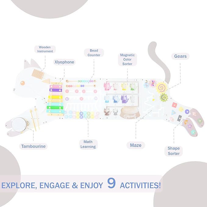 Cat Activity Wall Busy Board Panels, Toddler Learning Activity Center, Montessori Sensory Activity Board, Educational Toys for Children’s Playroom & Daycare