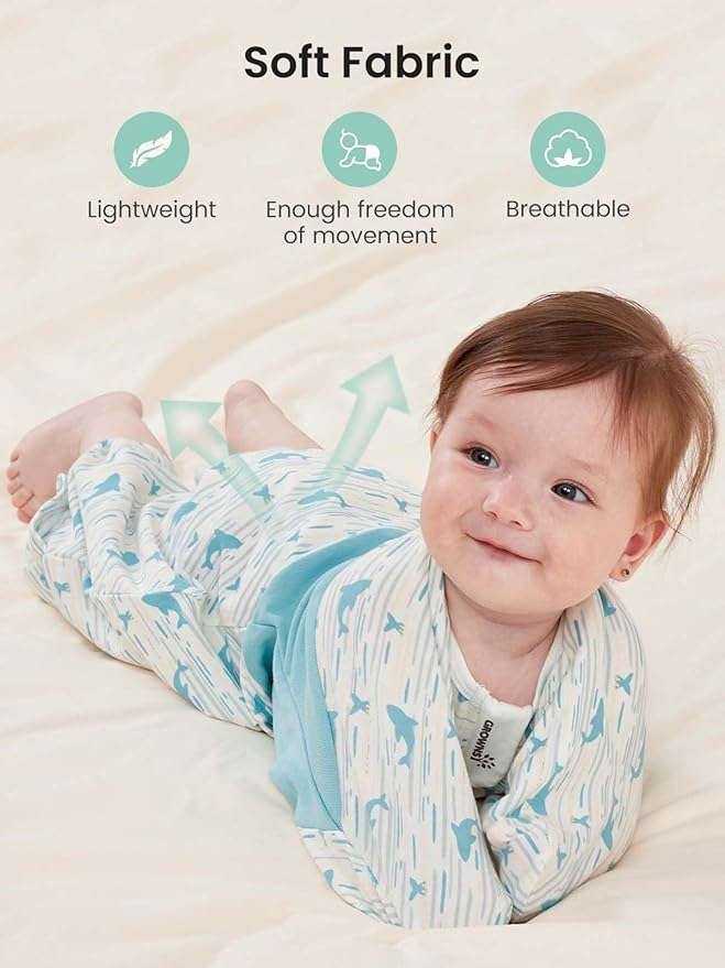 GROWNSY Transitional Swaddle Sleep Sack 6-12 Months,Starfish Design Baby Swaddle Sack, Dual-Zipper for Easy Diaper Changes, Proper Hip Development & Openable Foot Button, 19-27 lbs, Whales and the Sea