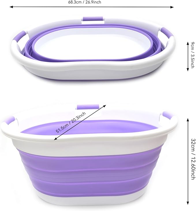 SAMMART 57L (15 Gallons) Collapsible 3-Handled Plastic Laundry Basket - Oval Tub - Portable Washing Tub-Space Saving Laundry Hamper, Water Capacity 44L / 11.6 Gallon (1, Lt. Purple)