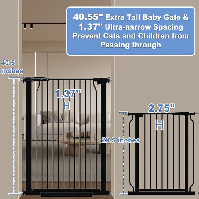 40.55" Extra Tall Baby Gate for Stairs-54.8"-60.2" Wide 1.37" Ultra Narrow Spacing Extra Wide Pet Cat Gate Dog Gate-Auto-Close Pressure Mounted Dog Door for Pets and Kids,Black