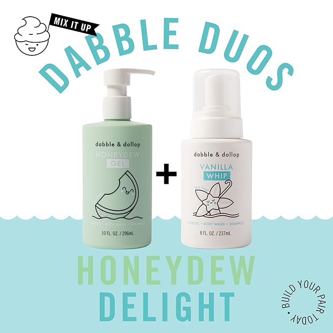 Dabble & Dollop Honeydew Melon + Vanilla Body Wash & Shampoo – 3-in-1 Natural Bubble Bath for Kids, No Parabens or Sulfates, Vegan, Gluten-Free, Tear-Free (2-Pack)