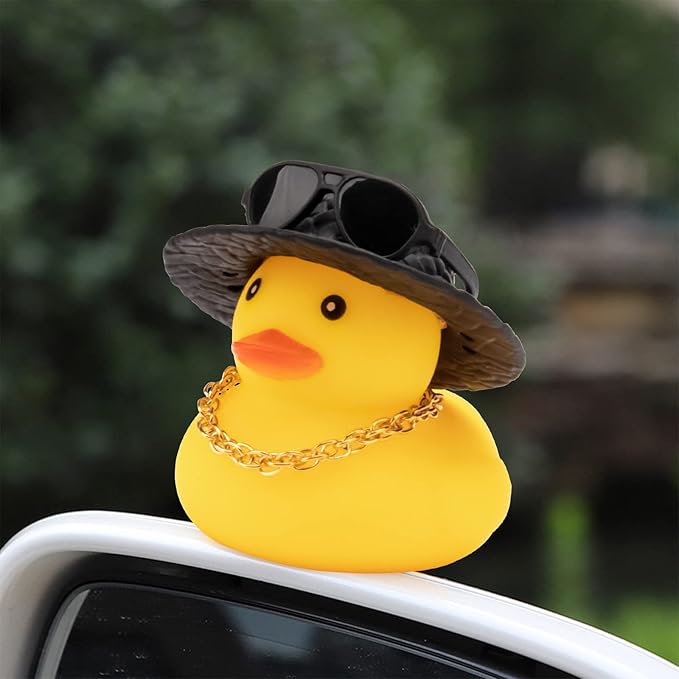 wonuu Car Rubber Duck, Yellow Duck Decoration Dashboard with Sun Hat Swim Ring Necklace Sunglasses for Car Dashboard Decorations