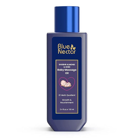 Blue Nectar Ayurveda Gentle Baby Oil for Newborn Skin Care -Moisturizing Baby Massage Oil for Dry Skin &Scalp Moisturizer| Soothing with 100% Natural Coconut Oil & Organic Ghee (13 Herbs, 3.38 Fl Oz)