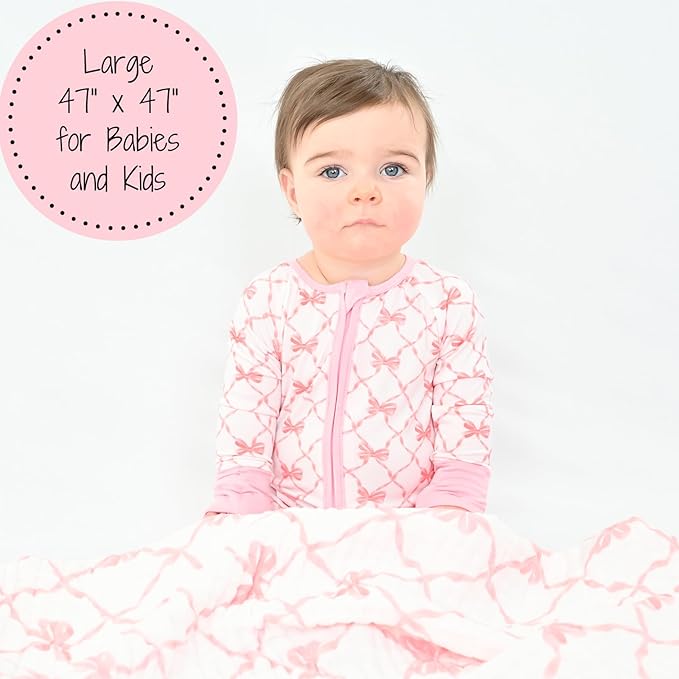 LollyBanks Muslin Baby Blanket 100% Organic Cotton, Muslin Quilt Lightweight, Muslin Blanket for Girls, 6 Layers Baby Blankets 47"x 47", Soft Nursery Receiving Blankets (Pink Bow Print)