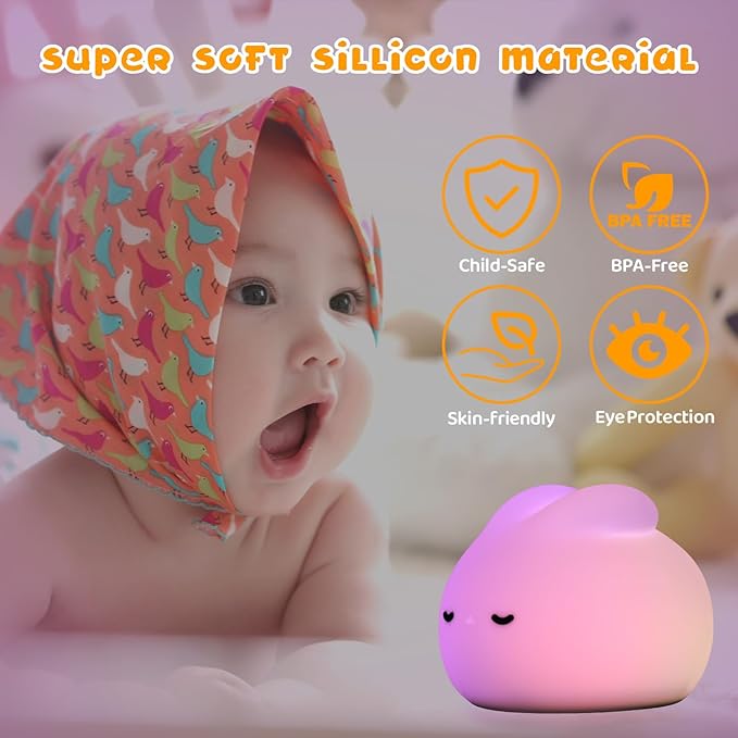 Cute Bunny Night Light, 3 Level Dimmable Nursery NightLight for Kids, Silicone Squishy Rabbit Lamp with Tap Control & Timer for Breastfeeding Toddler Baby Kids Decor Gift