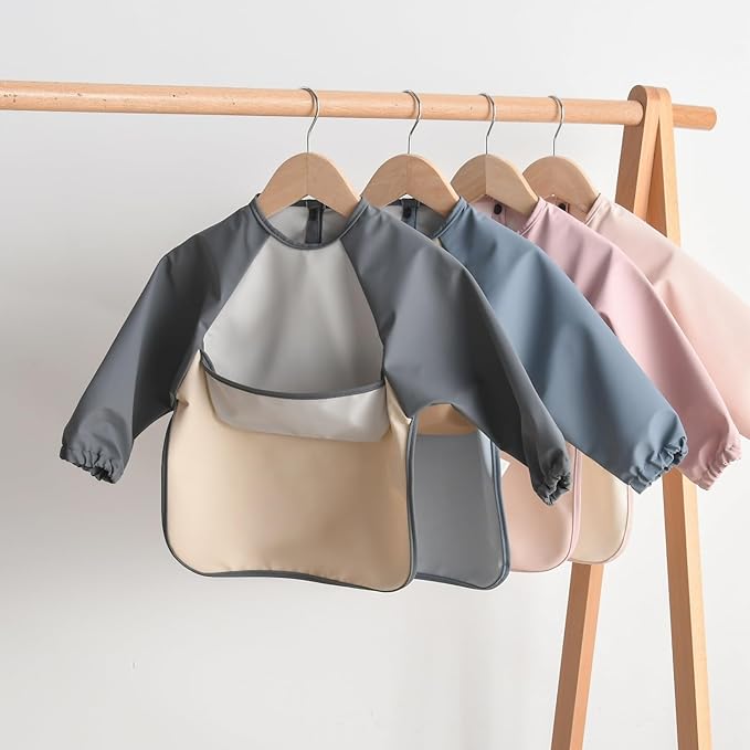 GZMM Waterproof Baby Bibs,Infant Toddler Long Sleeve Feeding Bib With Food Catcher,Wipe Clean & Washable