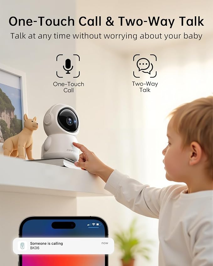 ZUMIMALL Security Camera Indoor, 5G/2.4G WiFi Baby Monitor with Camera and Audio, 2K Wired Pet Cameras for Home Security, One-Click Call, Auto Tracking, Cry/PIR/AI Detection, Alexa/ONVIF/Cloud