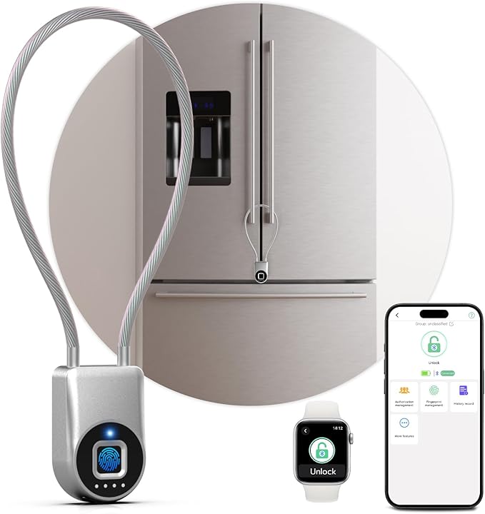 Fingerprint Cable Lock, Fridge Lock with Fingerprint Bluetooth APP Control, Smart Biometric Waterproof Child-Proof Refrigerator Locks for Kids & Adults Fridge French Door Cabinet Gate