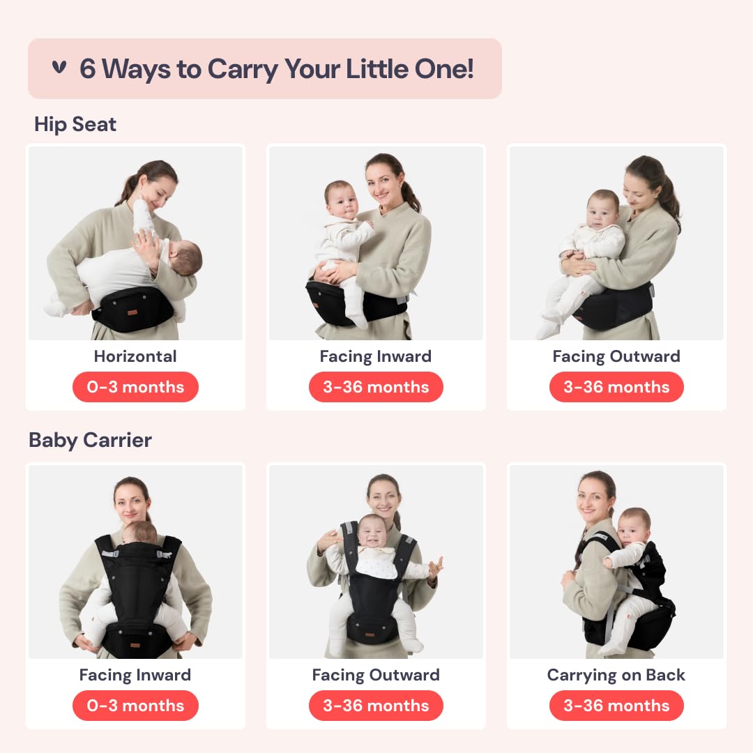 BabbleRoo Grow Carrier – Safety-Certified 6-in-1 Baby Carrier with Hip Seat, Ergonomic & Adjustable Toddler Carrier 7-50 lbs with Hip Support, Hood for Sun Protection, Newborn to Toddler, Black
