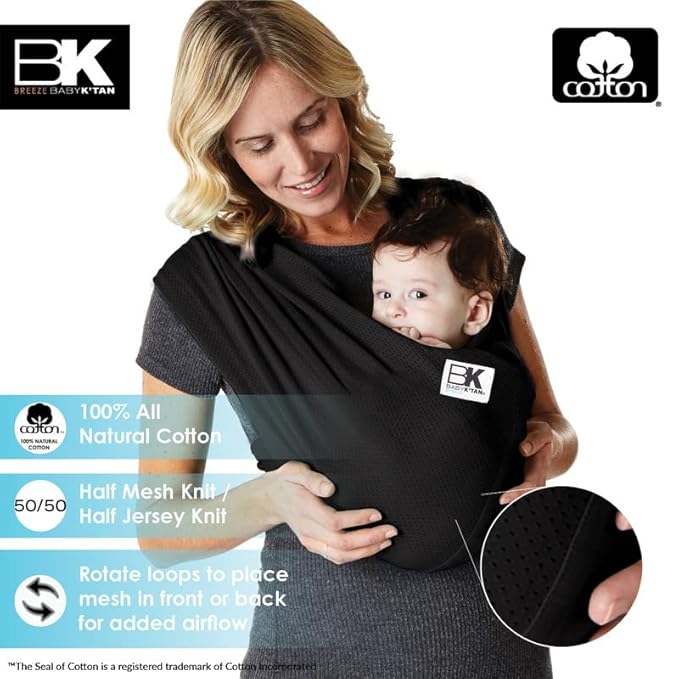 Breeze Baby K'tan Baby Carrier, #1 Easy Pre-Wrapped Baby Sling Gift | Breathable 100% Cotton Mesh | Hands Free Wrap for Infants | No Rings Or Buckles | Black | Small