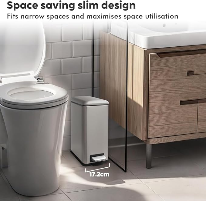 Bathroom Bin 10L, Small Kitchen Bins with Soft Close Lid,Slim Pedal Bin with Removable Inner Bucket,Small Bins for Bathroom,Kitchen,Bedroom,and Office,grey