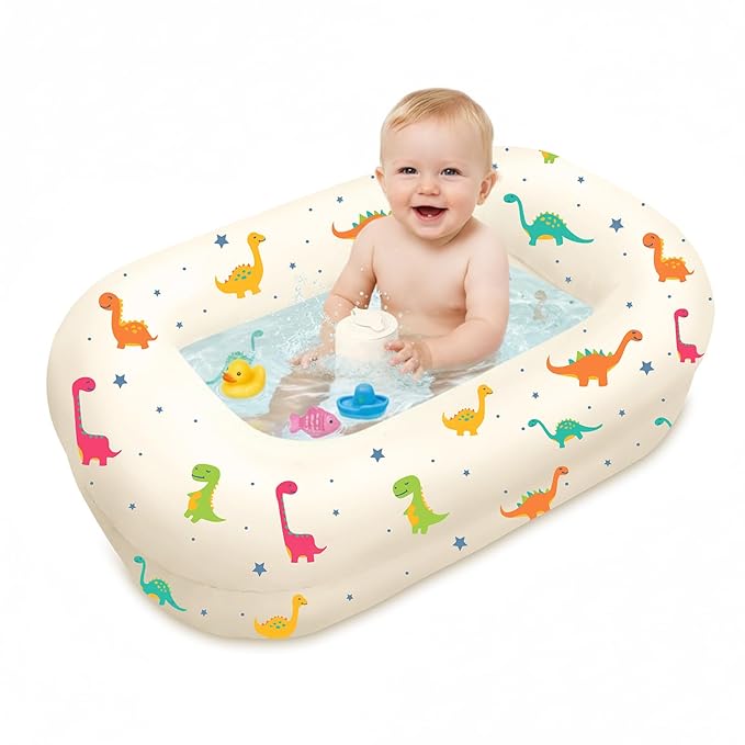 Inflatable Baby Bathtub with Built-in Air Pump, Back Support, Portable Travel Baby Bath Tub, Deflates and Folds Easily, Newborn to Toddler 3-20 Months (Dinosaurs)