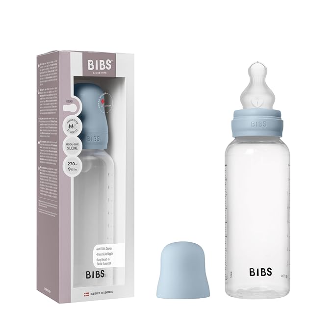 BIBS Baby Bottle 9 oz / 270 ml Silicone Nipple - Anti-Colic, BPA-Free, Round Nipple, Medium Flow, Lightweight & Easy to Clean, Suitable for Newborns 0+ Years - Baby Blue