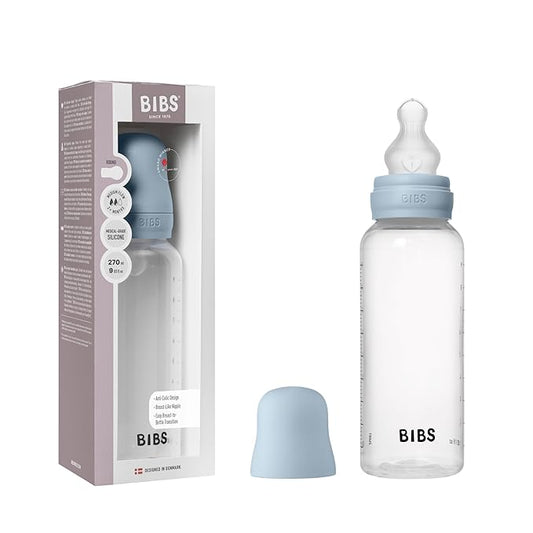 BIBS Baby Bottle 9 oz / 270 ml Silicone Nipple - Anti-Colic, BPA-Free, Round Nipple, Medium Flow, Lightweight & Easy to Clean, Suitable for Newborns 0+ Years - Baby Blue