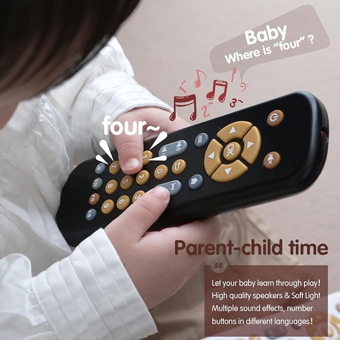 Nueplay Baby TV Remote Control Toy with Light and Sound, Toddler Realistic Controller with 3 Languages, Early Educational Learning Musical Toys, Preschool Infant Boys Girls 6, 12, 18 Months, Black