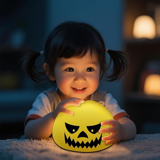 Funny Devil Pumpkin Night Light - Color Changing Half-Sphere Silicone Lamp, Battery Powered, Dimmable Glow for Halloween Christmas Decor, Novelty Gift (Yellow)