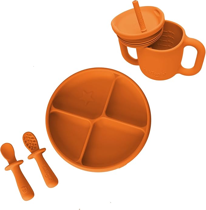 TalkTools ITSY Silicone Baby Plates Set with Suction – Feeding Essentials for Toddlers 6–12 Months+ | BLW Mealtime Set with Twin Spoon, Spill-Proof Sippy Cup | Self-Feeding Utensils (Tangerine)