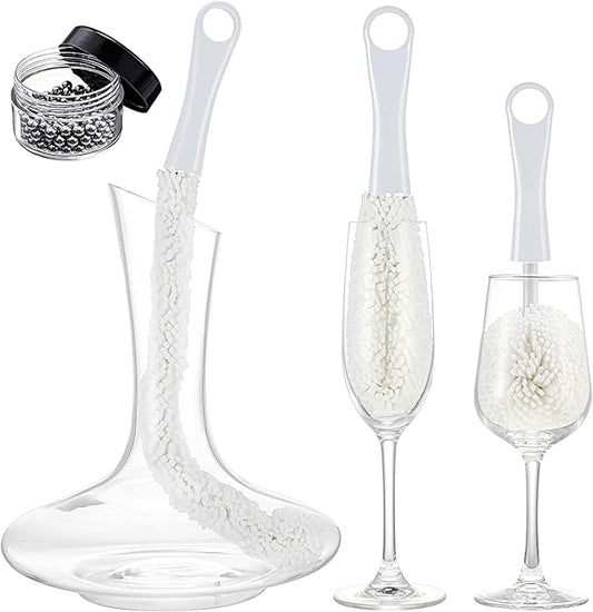 3 Pieces Wine Cleaning Brush Flexible Bottle Scourer with Stainless Steel Decanter Cleaning Balls Multi-Function Household Cleaning Tools for Goblets/Champagne Flutes/Cups/Glasses (White)