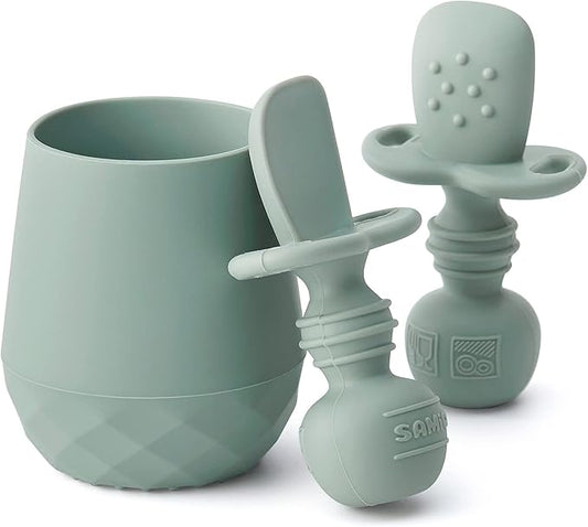 SAMiGO Silicone Baby Utensils - Self Feeding Spoons and Tiny Training Cup - First Stage Baby Led Weaning Supplies for 6 Months+ Infants - Set of 3
