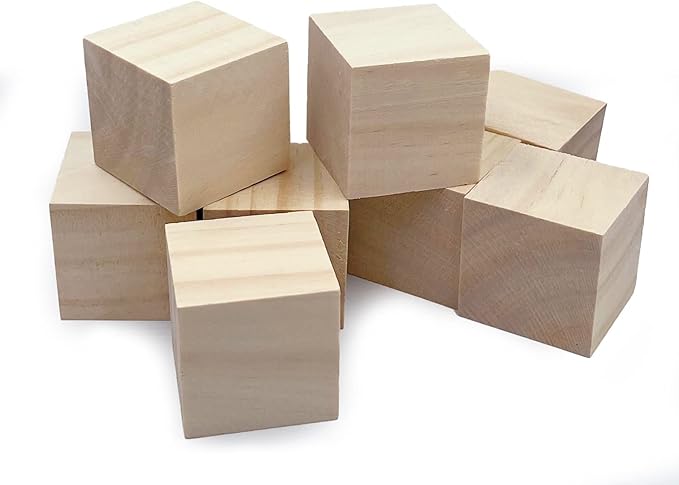 Wood Blocks for Crafts, Unfinished Wood Cubes, 2 Inch Natural Wooden Blocks, Pack of 8 Wood Square Blocks, Wooden Cubes for Arts and Crafts and DIY Projects