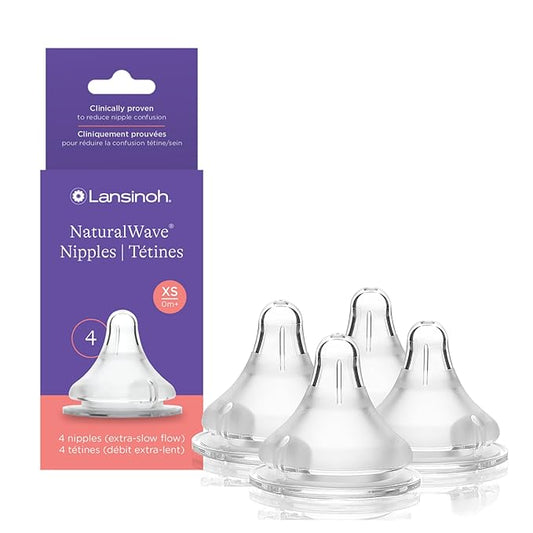 Lansinoh NaturalWave Baby Bottle Nipples, Extra Slow Flow, Size XS, 0+ Months, 4 Count – 100% Soft, Durable Silicone, Made Without BPA BPS, Anti-Colic, Supports Baby’s Developing Mouth and Teeth